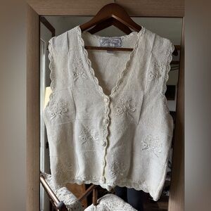 Elegant Cream Knit Vest embroidered with pearl detailing